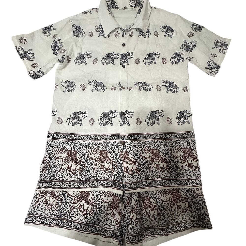 Vintage Safari Elephant Print Textured Shirt Shorts Set M